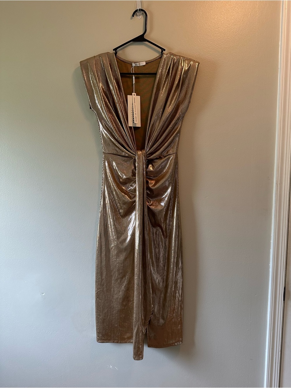 NWT Milio Milano Metallic Gold Twist Front Midi Dress | Elegant Cocktail Party